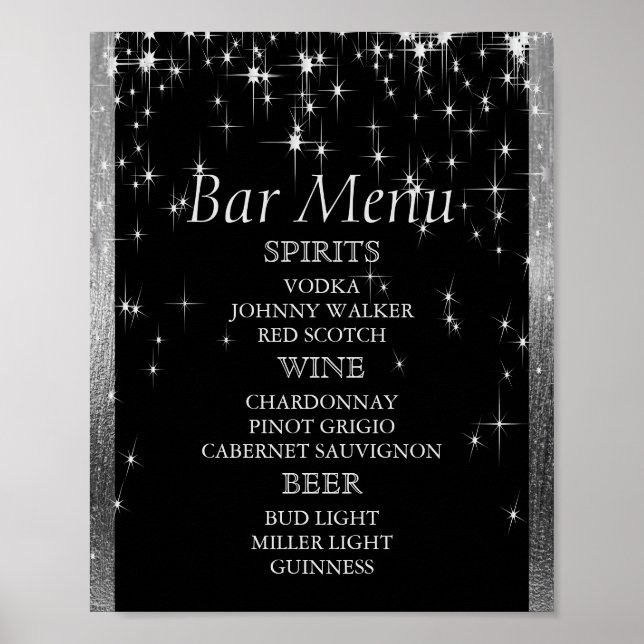 Elegant Black and Silver Starlights - Bar Menu Poster (Front)
