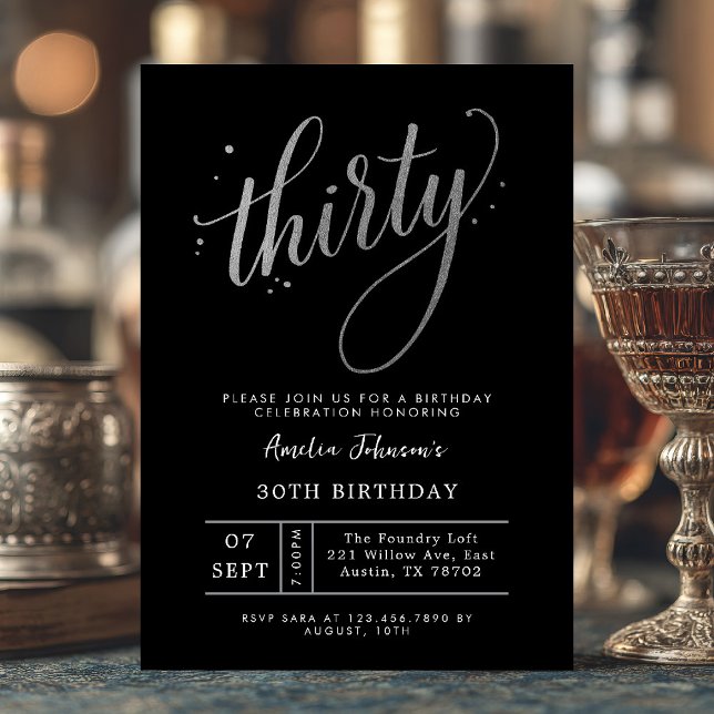 Elegant Black and Silver Thirtieth 30th Birthday Invitation (Thirty and timeless ✨ Celebrate in style with this chic black and silver birthday invite.)