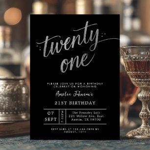 Elegant Black and Silver Twenty One 21st Birthday Invitation