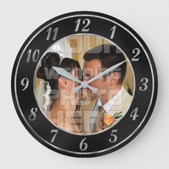Elegant Black and Silver Wedding Photo Clock (Front)