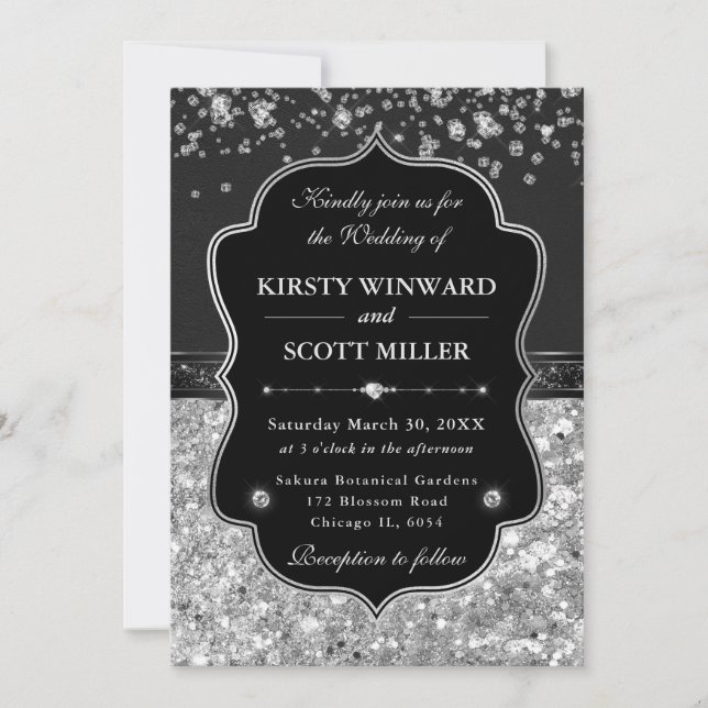 Elegant Black and Silver with Diamonds Wedding Invitation (Front)