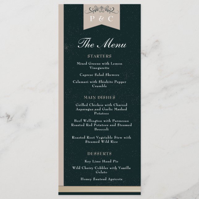 Elegant Black and Tan Library Book Cover Wedding Menu (Front)