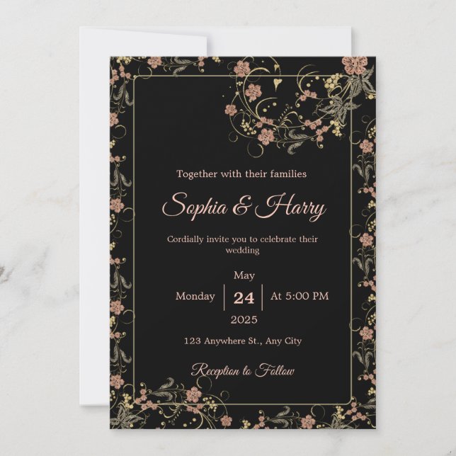 Elegant Black and Tea Pink Floral Wedding  Invitation (Front)