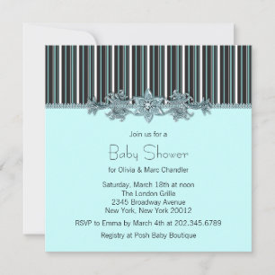 Elegant Black and Teal Blue Stripe Baby Shower Invitation