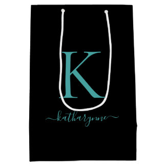 Elegant Black and Teal Monogram Name Medium Gift Bag