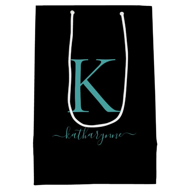 Elegant Black and Teal Monogram Name Medium Gift Bag (Back)