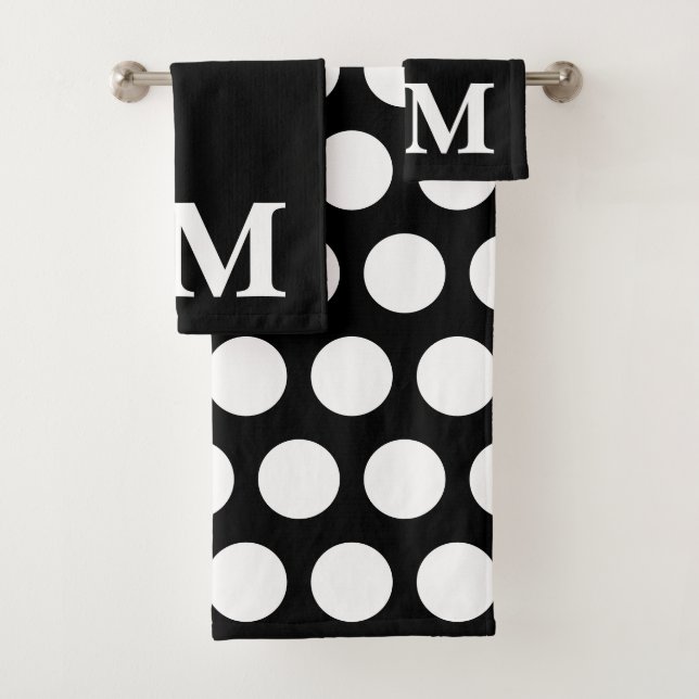 Elegant black and whit Polka dots monogram initial Bath Towel Set (Insitu)