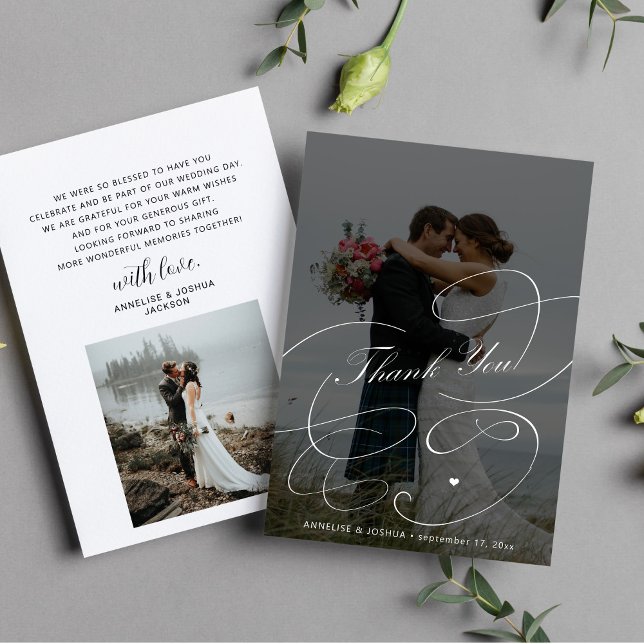 Elegant black and white 2 photos script wedding thank you card (Creator Uploaded)