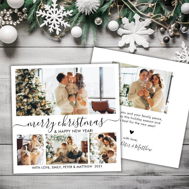 Elegant Black and White 4 Photo Collage Christmas Holiday Card (Creator Uploaded)