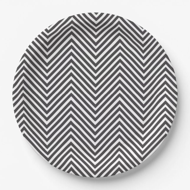 Elegant Black and White Abstract Chevron Pattern Paper Plate (Front)