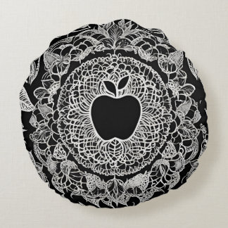 Elegant Black and White Apple Mandala Lace Round Cushion