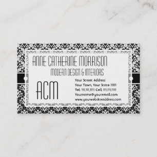 Elegant Black and White Art Deco Floral Damask Business Card
