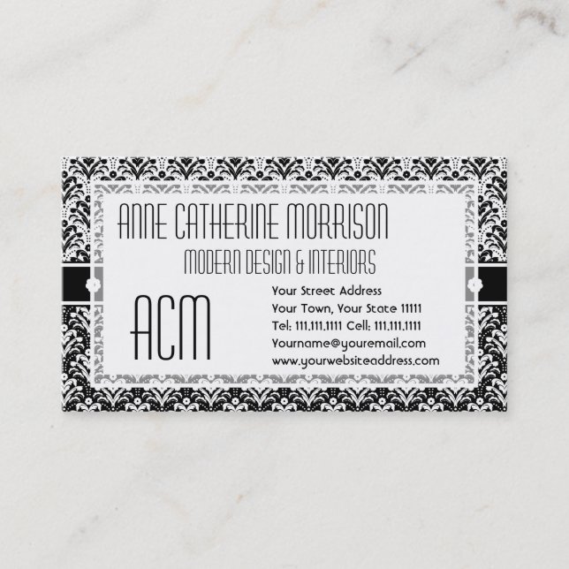 Elegant Black and White Art Deco Floral Damask Business Card (Front)
