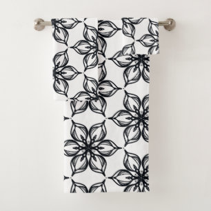 Elegant black and white blossoms bath towel set