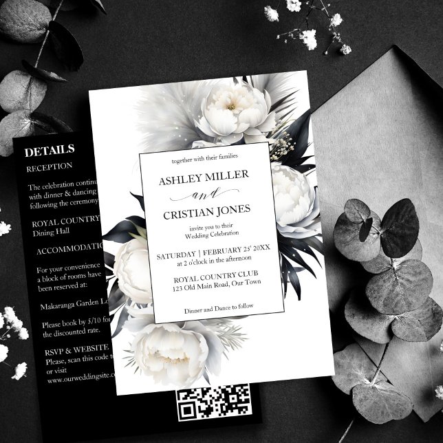 Elegant Black and white boho all in one wedding Invitation (Elegant Black and white peony flowers boho all in one wedding editable template Invitation download)