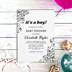 Elegant Black And White Boho Floral Baby Shower Invitation