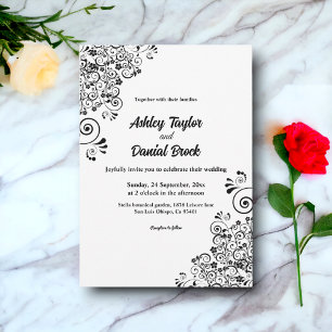 Elegant Black And White Boho Ornate Floral Wedding Invitation