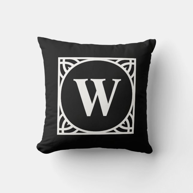Elegant black and white Border Monogram Cushion (Front)