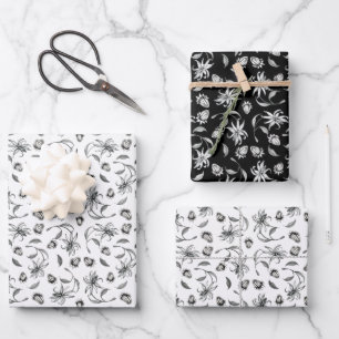 Elegant Black and White Botanical Gift Wrapping Paper Sheet