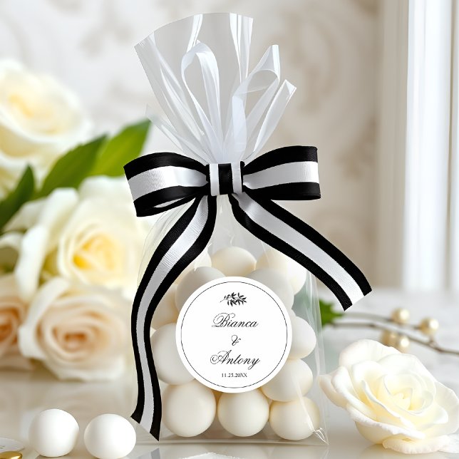 Elegant black and white branch and border wedding classic round sticker (Creator Uploaded)