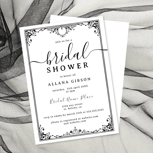 Elegant Black and White Bridal Shower Invitation (Elegant black-and-white bridal shower invitation with ornate border and script.)