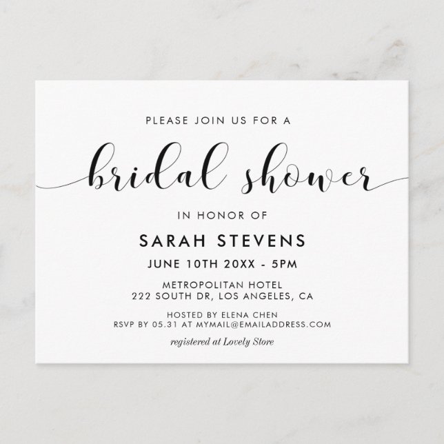 Elegant black and white bridal shower invitation postcard (Front)