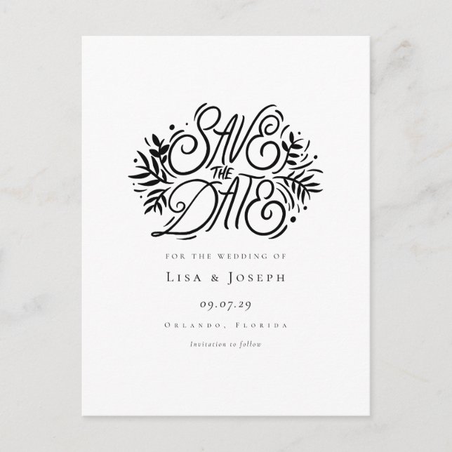 Elegant Black and White Calligraphy Save the Date Postcard (Front)