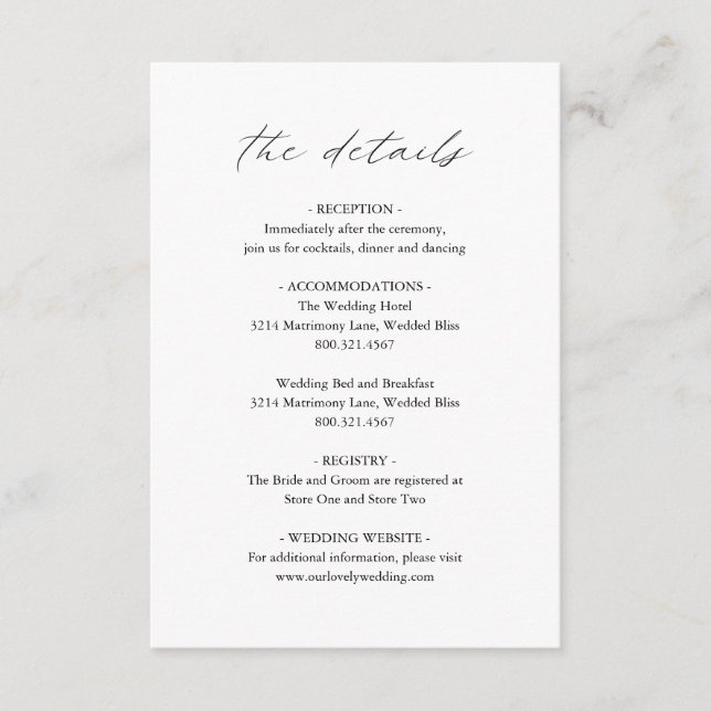 Elegant Black and White Calligraphy Simple Wedding Enclosure Card (Front)