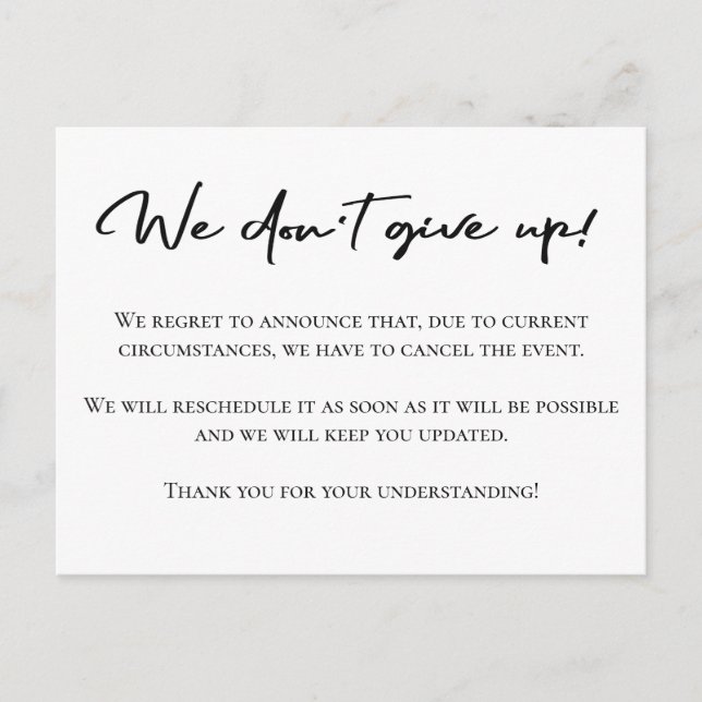 Elegant black and white cancellation announcement postcard (Front)