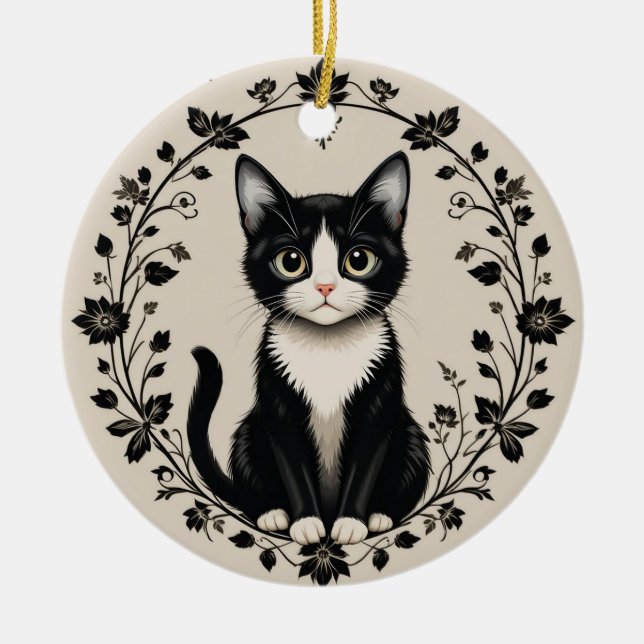 Elegant Black and White Cat Ceramic Tree Decoration (Front)