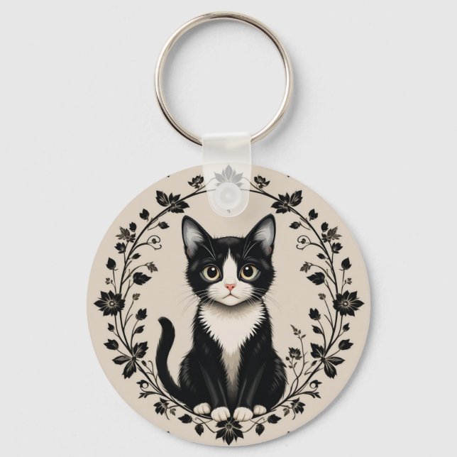 Elegant Black and White Cat Key Ring (Front)