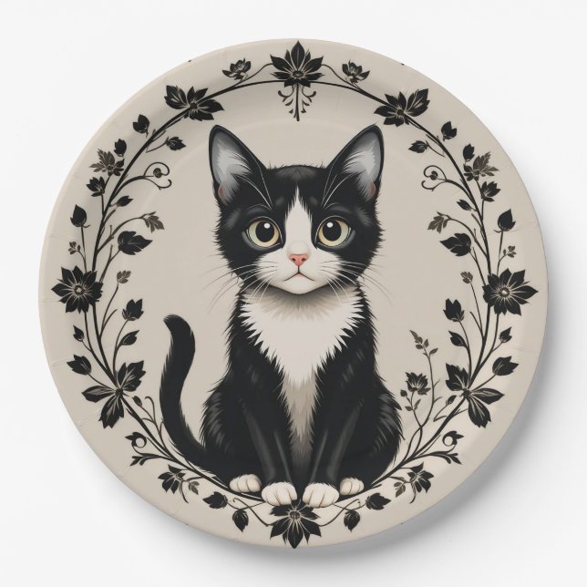 Elegant Black and White Cat Paper Plate (Front)