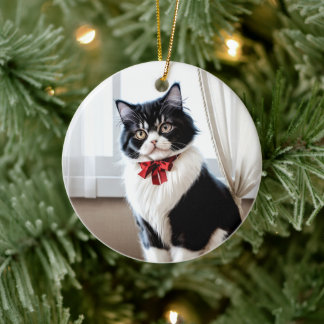 Elegant Black and White Cat Portrait Ceramic Tree Decoration