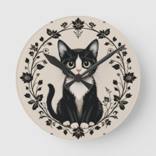 Elegant Black and White Cat Round Clock
