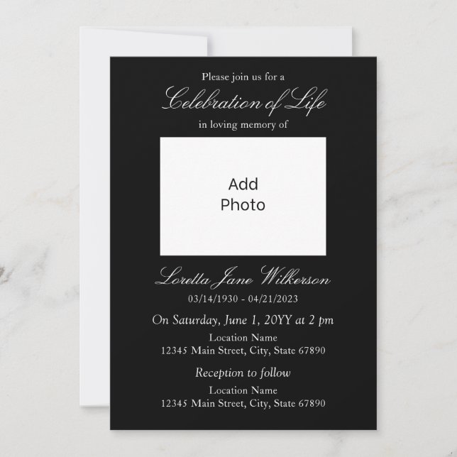 Elegant Black and White Celebration of Life Photo Invitation (Front)
