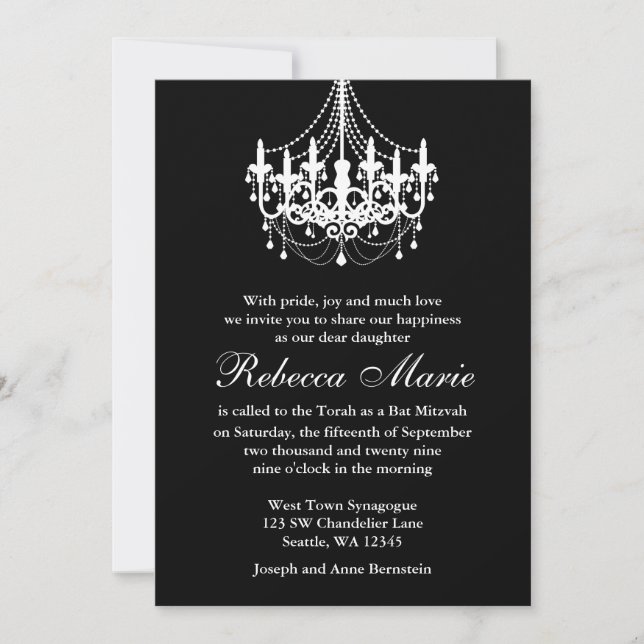 Elegant Black and White Chandelier Bat Mitzvah Invitation (Front)
