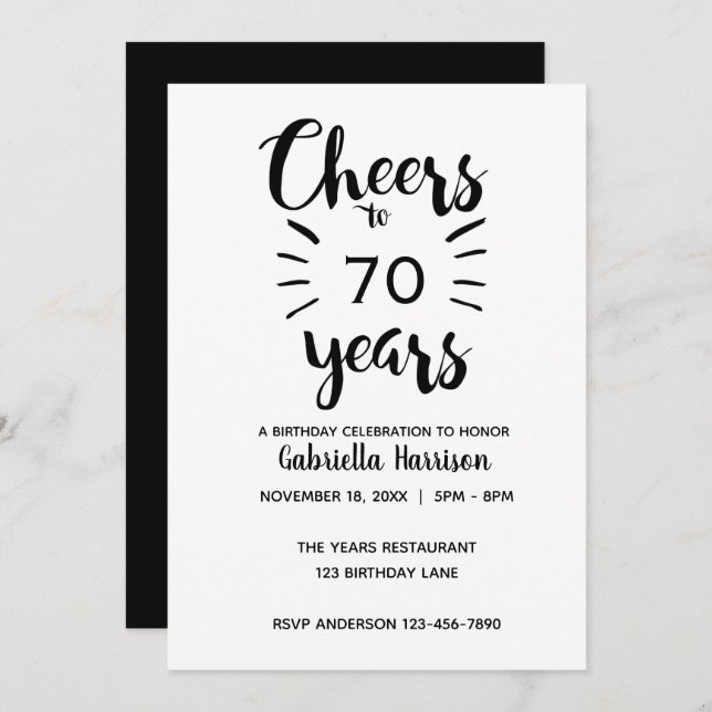Elegant Black and White Cheers to 70th Birthday Invitation (Front/Back)
