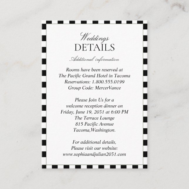 Elegant Black and White Chequerboard  Details  Enclosure Card (Front)