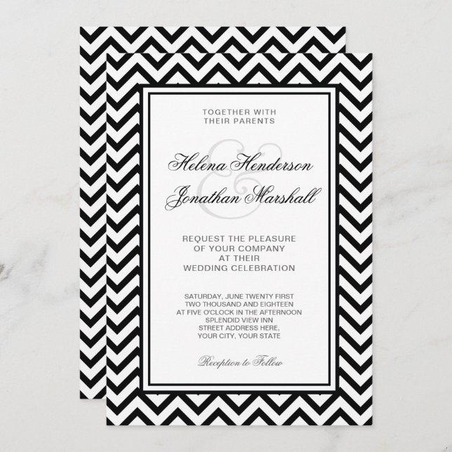 Elegant Black and White Chevron Wedding Invitation (Front/Back)