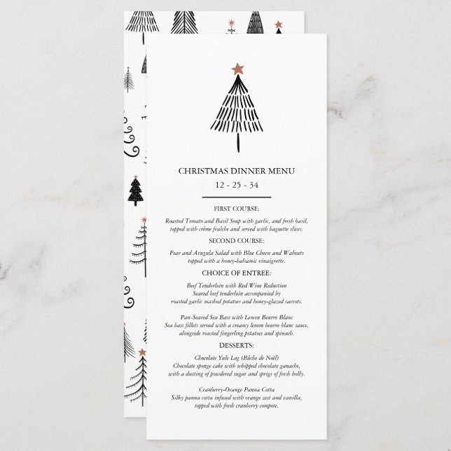 Elegant Black and White Christmas Dinner Party  Menu (Front/Back)