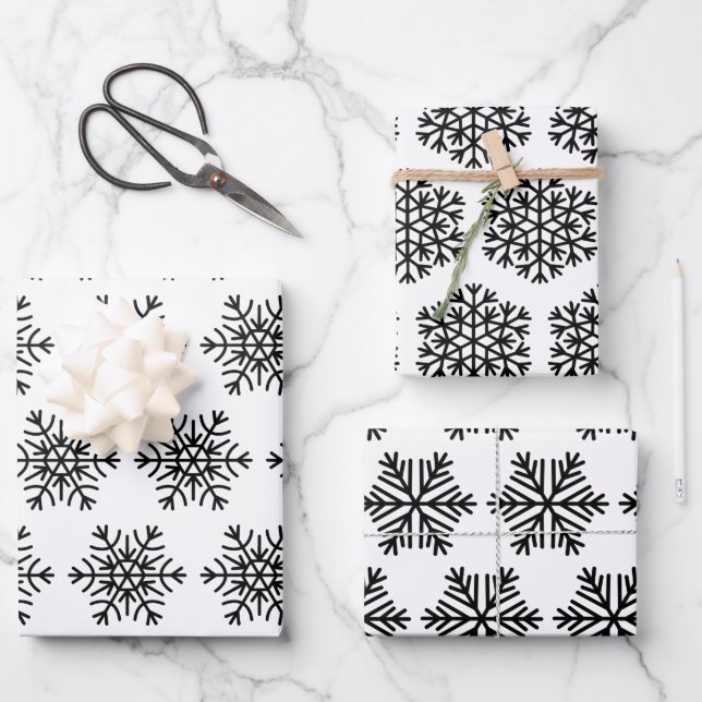Elegant Black and White Christmas Snowflakes Gift Wrapping Paper Sheet (Front)
