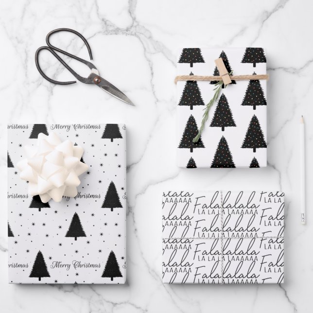 Elegant Black and White Christmas Tree Merry Xmas Wrapping Paper Sheet (Front)