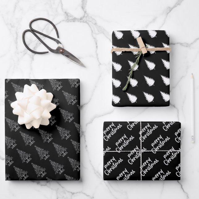 Elegant Black and White Christmas tree Wrapping Paper Sheet (Front)