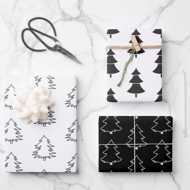 Elegant Black and White Christmas Trees  Wrapping Paper Sheet (Front)
