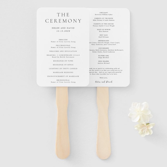 Elegant Black and White Classic Wedding Program Hand Fan (Front and Back)