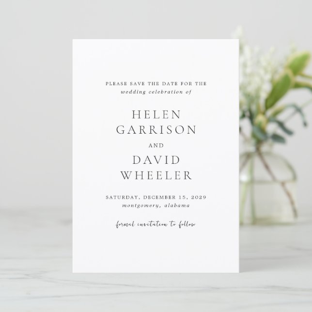 Elegant Black and White Classic Wedding Save The Date (Standing Front)