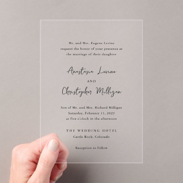 Elegant Black and White Clean Wedding Acrylic Invitations (Insitu (Handheld))