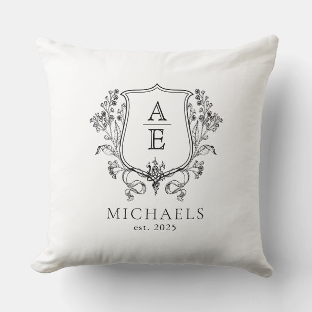 Elegant Black and White Crest Monogram  Cushion (Front)