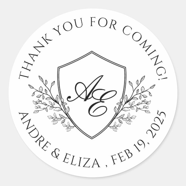 Elegant Black and White Crest Monogram Thank You Classic Round Sticker (Front)