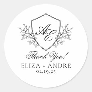 Elegant, Black and White Crest Monogram Wedding Classic Round Sticker